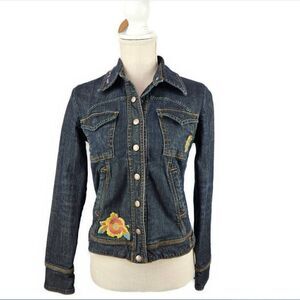 Denim Jean Jacket Women's Size M Island Theme Dark Wash Boho Born Barefoot